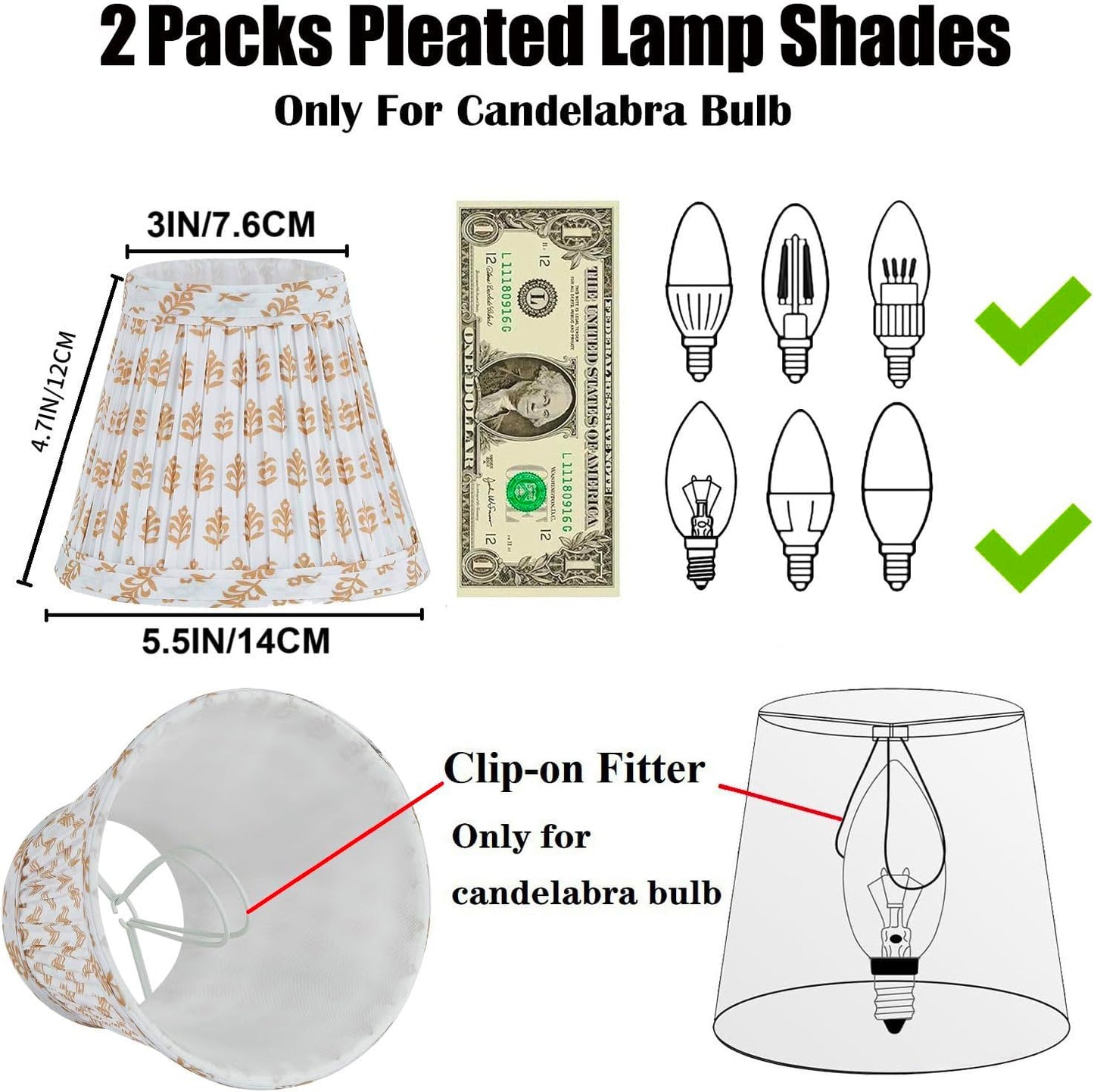Chandelier Shades Set of 2,Mini Lamp Shade 3" Top x 5.5" Bottom x 4.7" Slant,Small Lamp Shades Clip On Bulb,Pleated Chandelier Lamp Shades,Fabric Lampshades that Attach to The Bulb(Brown Floral)