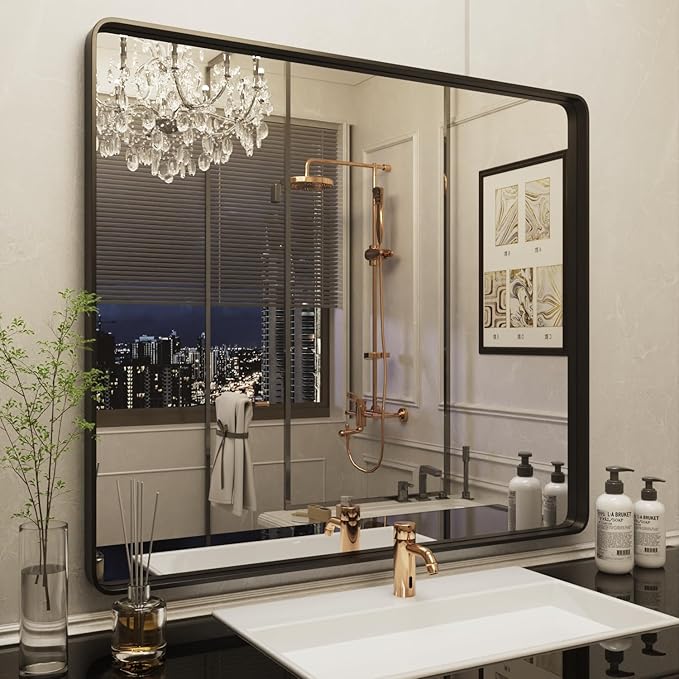 ISKM Black Bathroom Mirror for Wall 40" x 38" Matte Black Framed Vanity Mirror by ISKM-IStillKeepMovin