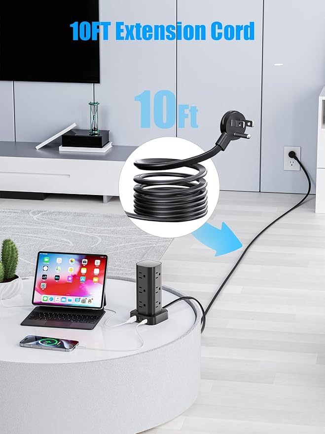 Tower Power Strip with 15W Wireless Charger, 10FT Flat Plug Extension Cord with - Image 7