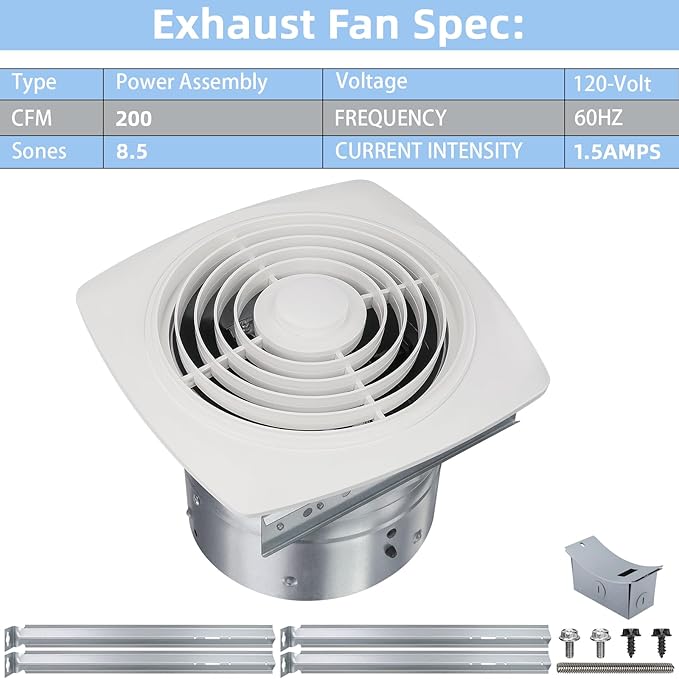 8 Inch Bathroom Exhaust Fan Ceiling Mount 200 CFM 8.5 Sones Kitchen Exhausts - Image 5