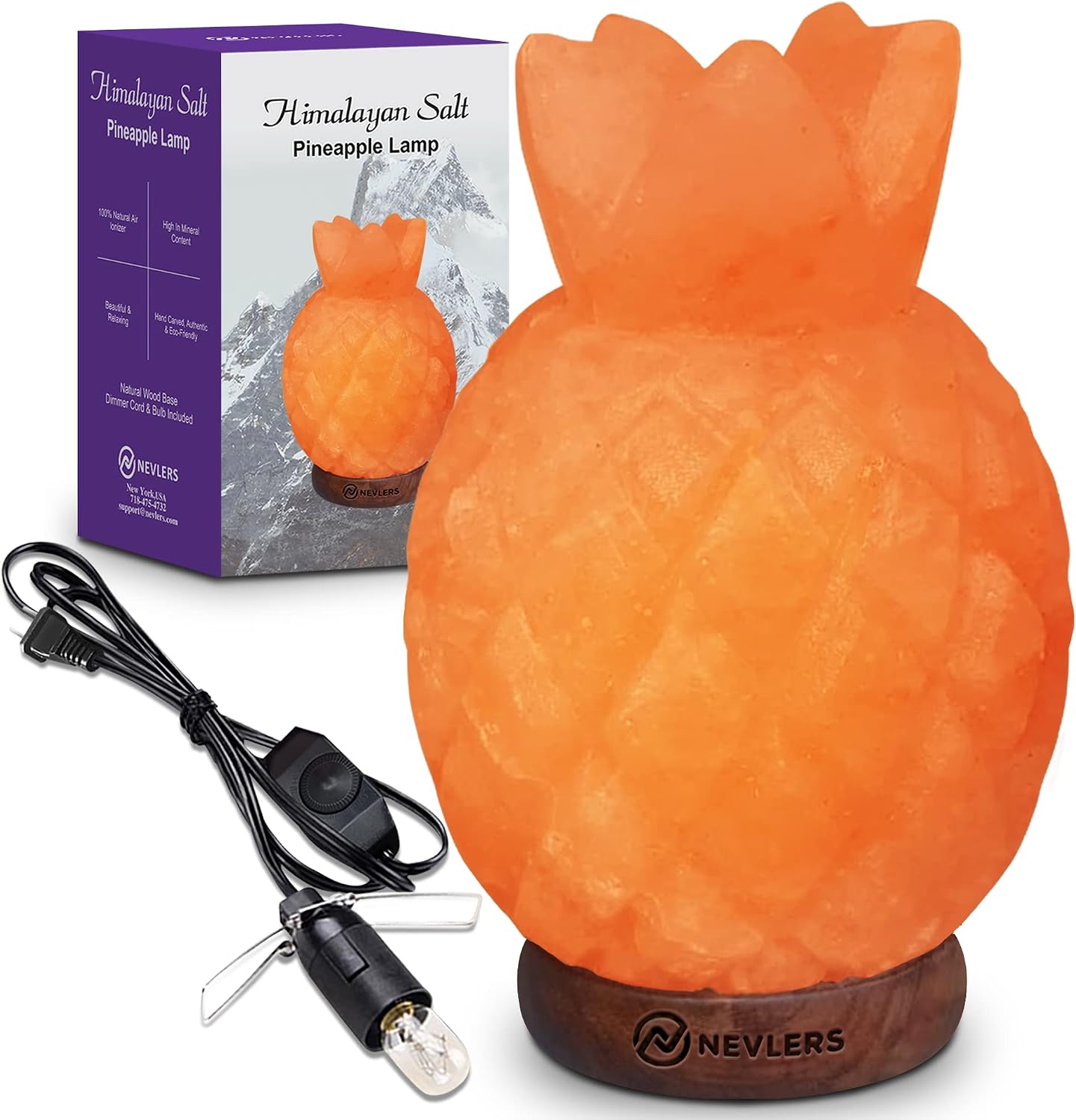 Nevlers Pineapple Shape Pink Himalayan Salt Lamp w/Wood Base for Home Decor | 7-8 lbs & 7"- 8" Tall Himalayan Pink Salt Lamp w/Dimmer Cord & Light Bulb | 100% Salt Rock Lamp | Ambient Salt Crystal Lamp