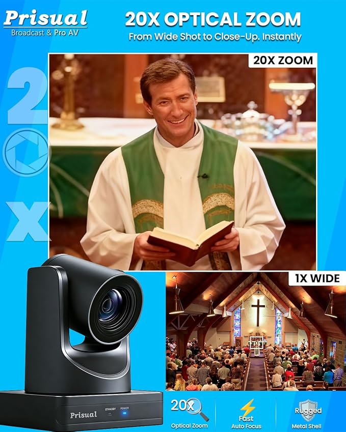Prisual HDMI PTZ Camera AI Auto-Tracking, 20x Optical Zoom IP USB3.0 PoE HDMI - Image 3