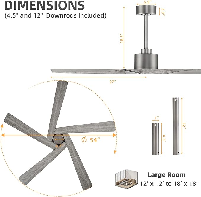 WINGBO 54" ABS DC Ceiling Fan No Light, 5 Blade Wood Grain ABS Ceiling Fan - Image 3