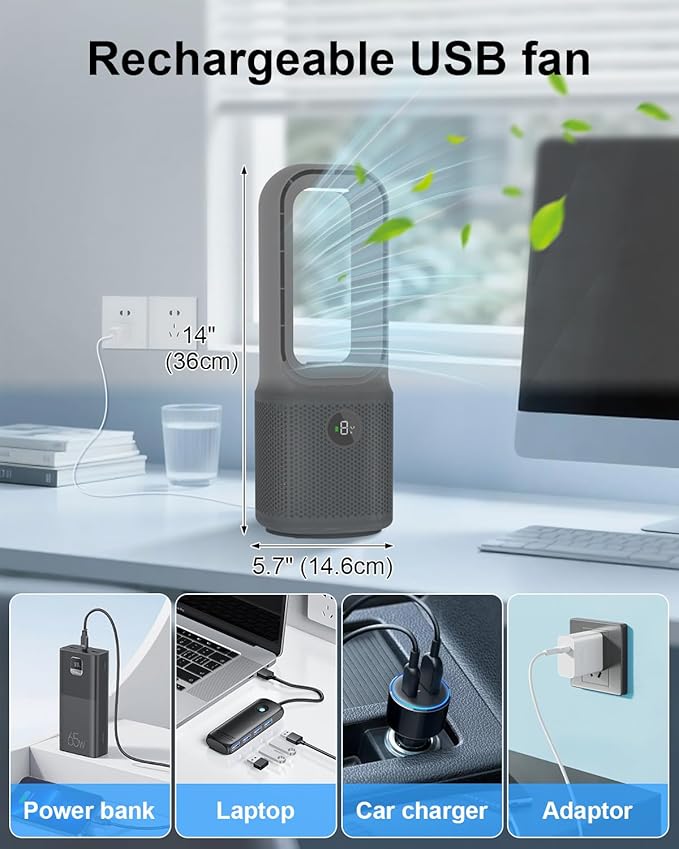 MEIIS Desk Fan Bladeless, 14 Inch USB Rechargeable Tower Fan - Image 7
