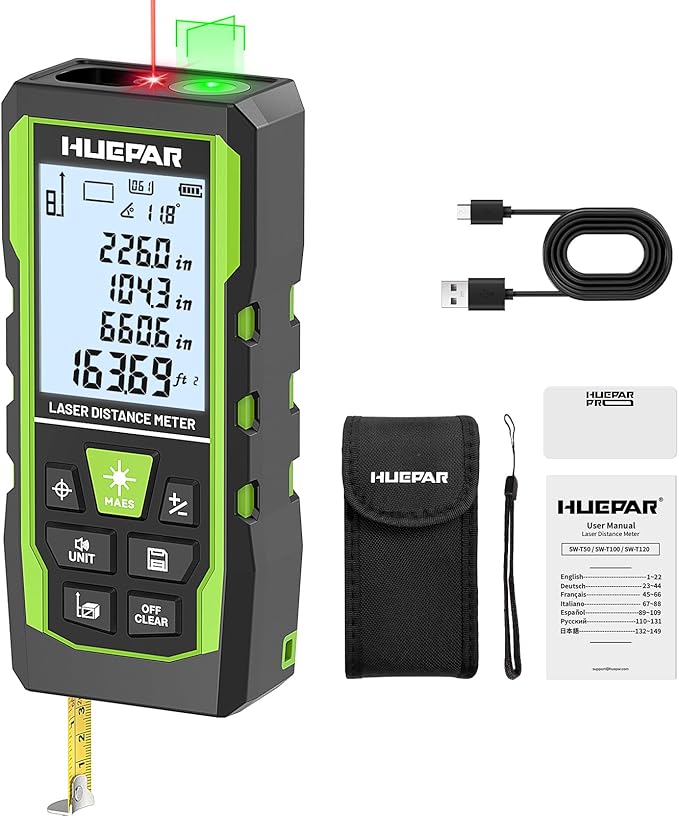Laser Measuring Tool 3-in-1, Huepar 165 Ft Laser Measure & 33 Ft Green Cross by Huepar
