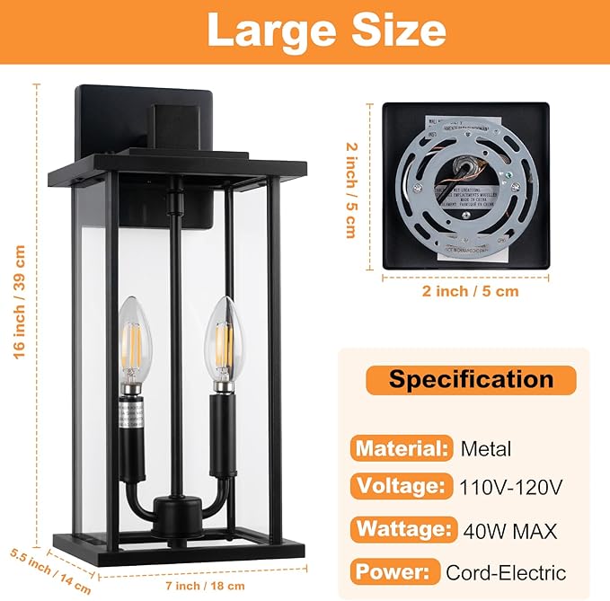 SIAFAVOI 2-Pack Large Outdoor Wall Light, 2-Light Waterproof Wall Sconce - Image 2