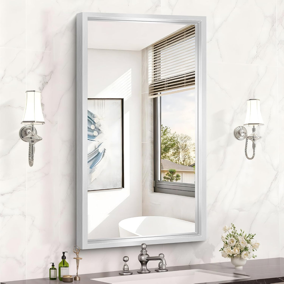 20x36 Silver Bathroom Mirror, Brushed Silver Rectangular Mirror
