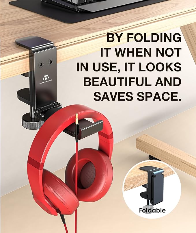 APPHOME Headphone Stand Hook for Desk, Foldable Under Table Headset Holder - Image 2