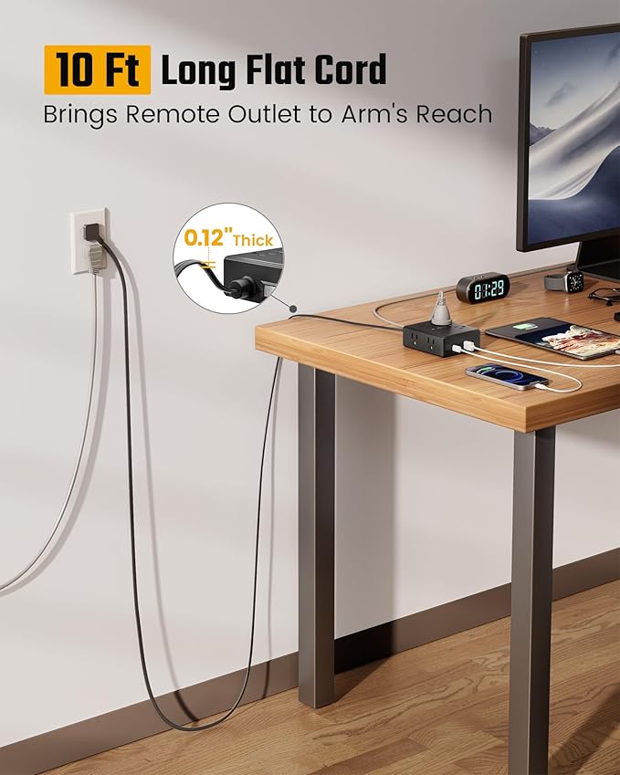 10Ft Extension Cord with Multiple Outlets, Flat Plug Power Strip Surge - Image 2