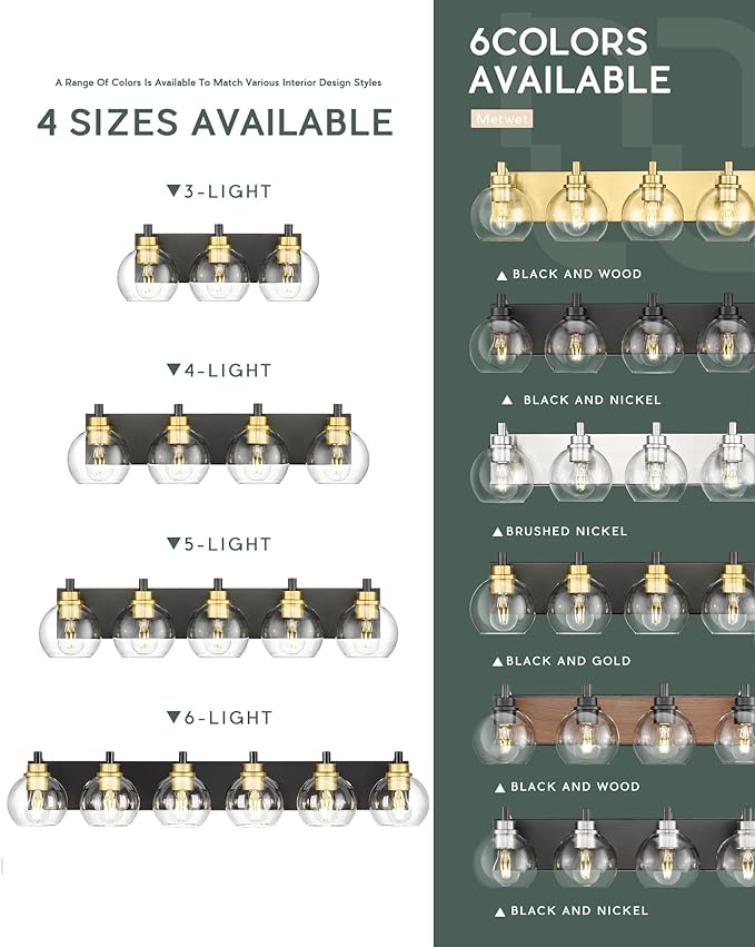 METWET Bathroom Light Fixtures, 5-Light Black and Gold Bathroom Vanity Light - Image 7