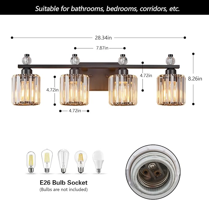 FDPBY Bathroom Vanity Lights 4-Light Sand Black Modern Crystal Vanity Light - Image 5