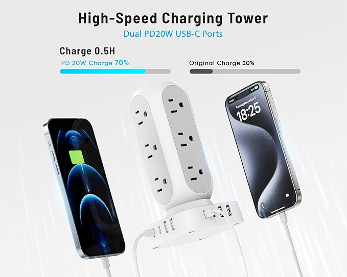 Flat Plug Power Strip Tower 15FT, 40W Total Fast Charging Station, Dual PD 20W - Image 3