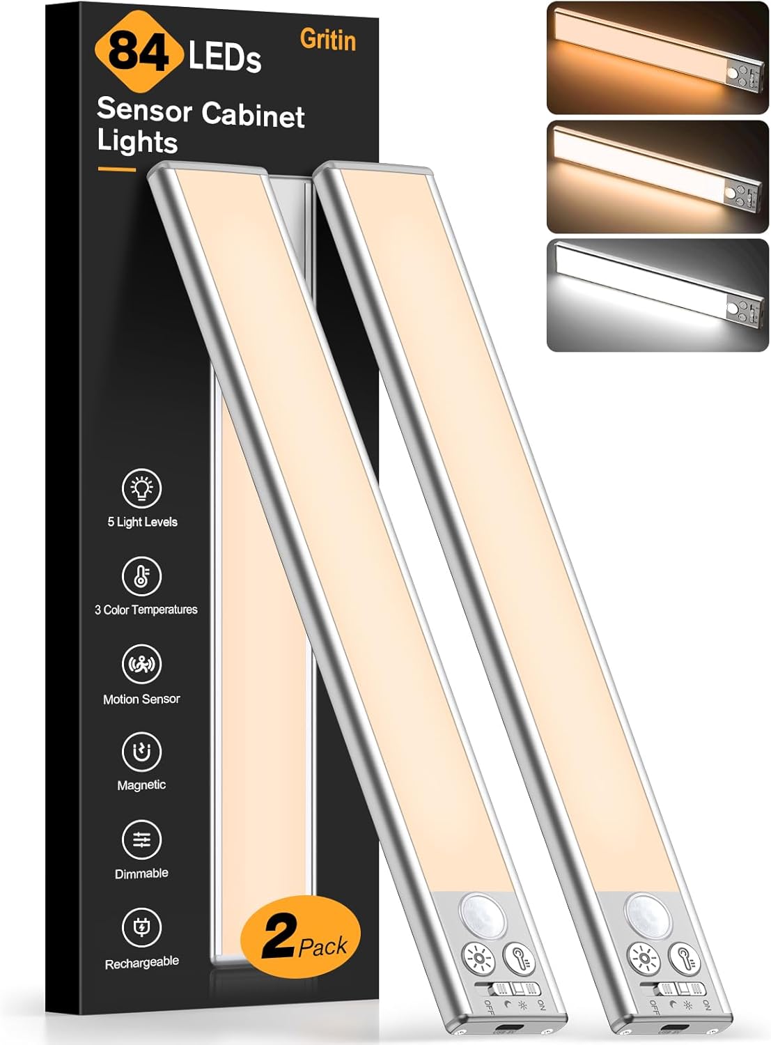 Gritin 10.2inch Under Cabinet Lighting Rechargeable 2 Pack- 3 Color Temps&5 Level Brightness, Super Bright, 4 Modes, Motion Sensor, Long Lasting - Easy Installation Magnetic Under Closet Lights