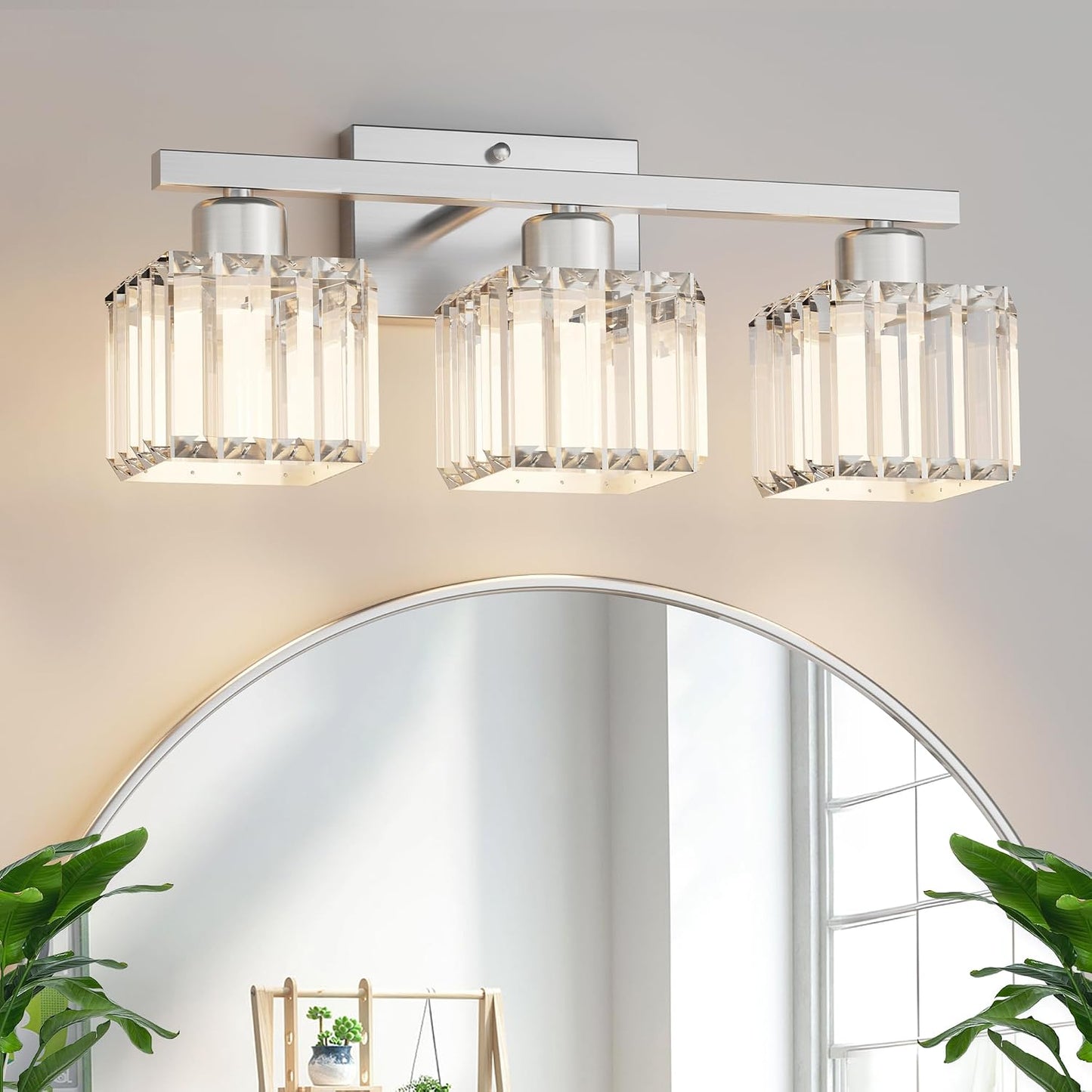 comzler 3-Light Bathroom Light Fixtures Over Mirror, Brushed Nickel Crystal Wall Sconce with E26 Base for Mirror Kitchen Living Room Bathroom, Square Crystal Shades (Bulbs Excluded) | Wall Sconce with E26 Base for Mirror Kitchen Living Room Bathroom