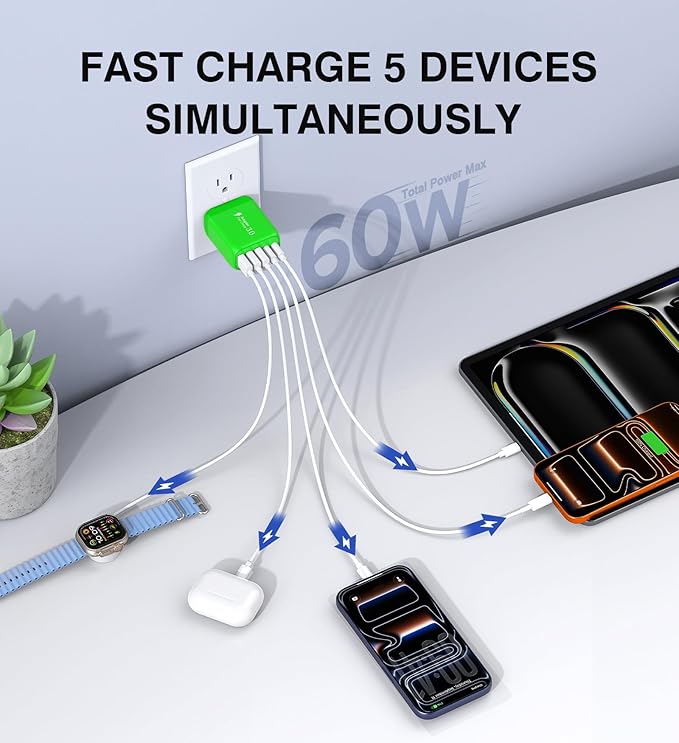 60W USB C Wall Charger Block, 5-Port C Charger Fast Charging Block PD Power - Image 2