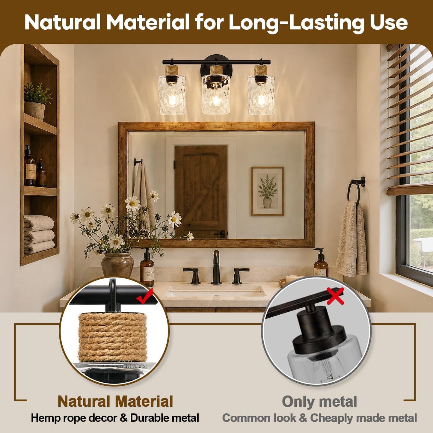 MOKATNG Bathroom Light Fixtures, 3-Light Coastal Vanity Lights with Crystal Glass Shade, Black Bathroom Wall Lamp for Mirror Kitchen Hallway Cabinet