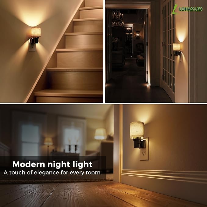 L LOHAS LED Night Lights Plug into Wall, 2 Pack Linen Fabric Cylinder Decor - Image 4