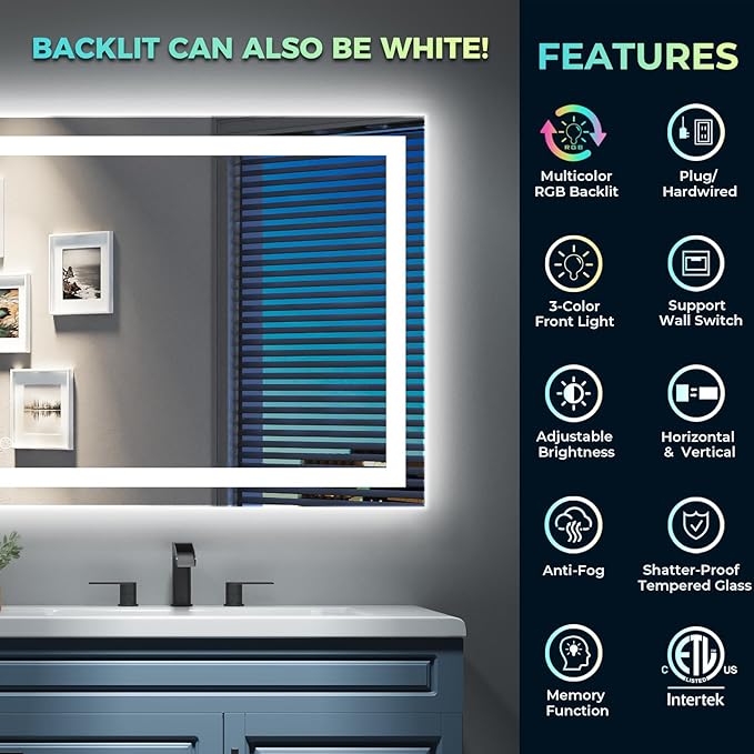 YEELAIT 44x32 Inch RGB LED Bathroom Mirror Front Light and RGB Backlit Lighted - Image 2