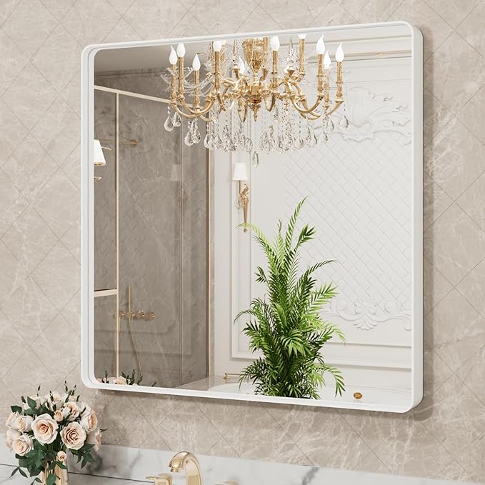 LOAAO 30x30 Inch White Metal Framed Bathroom Mirror - Image 3
