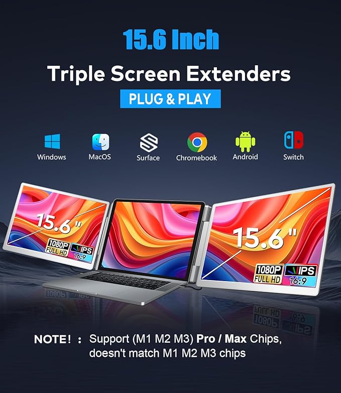 15.6" Laptop Screen Extender, Left Screen 360° Flip Triple Screen Monitor - Image 2