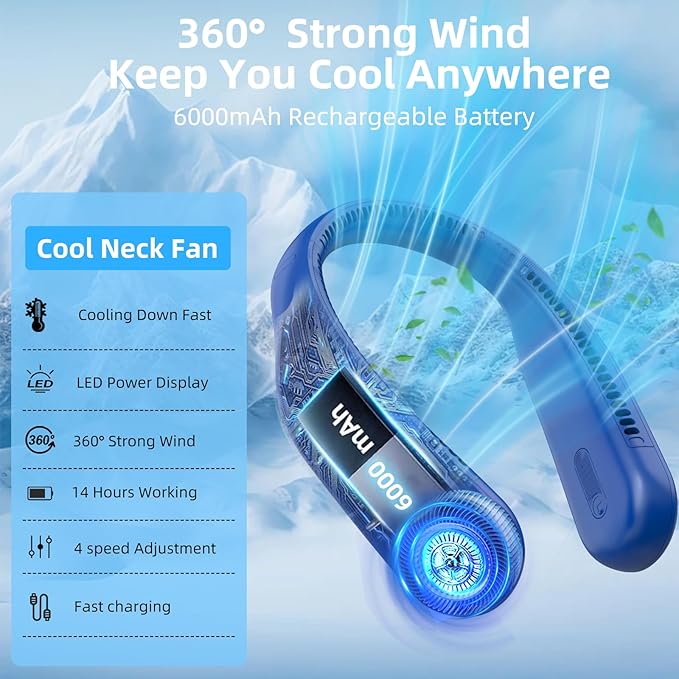 Portable Neck Fan, Hands Free Personal Wearable Bladeless Fan, 6000mAh USB - Image 8