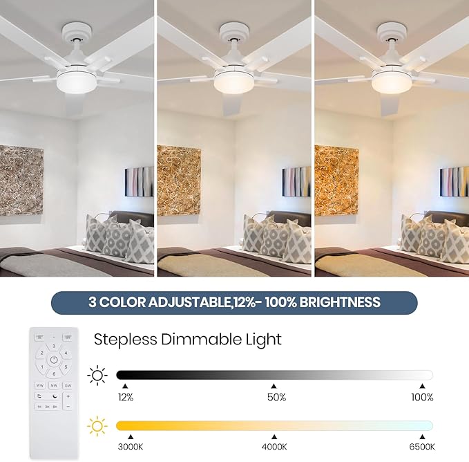 SODSEA Ceiling Fans with Lights, 52 inch White Ceiling Fan with Light and - Image 6