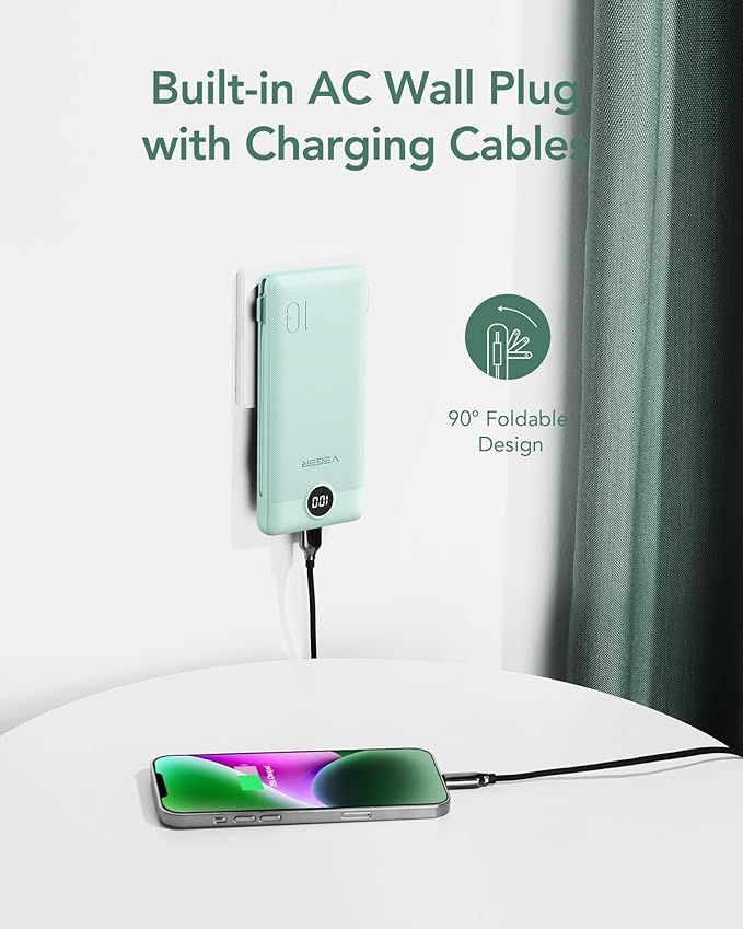 VEGER Portable Charger with Built-in AC Plug and Cables, All in One 10000mAh - Image 3