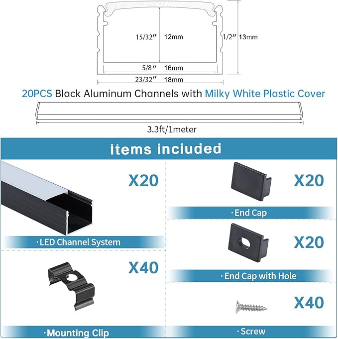 Muzata 20Pack 3.3FT/1M Plus-Size Spotless LED Channel Black LED Strip Diffuser - Image 2