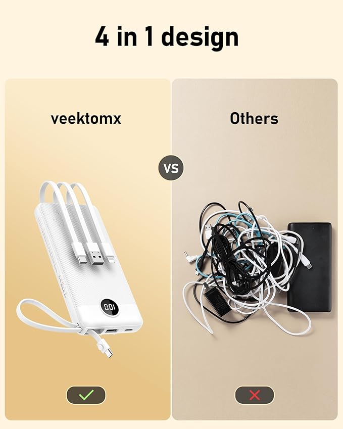 VEEKTOMX Portable Charger Built-in Cables, 10000mAh Power Bank - Image 2