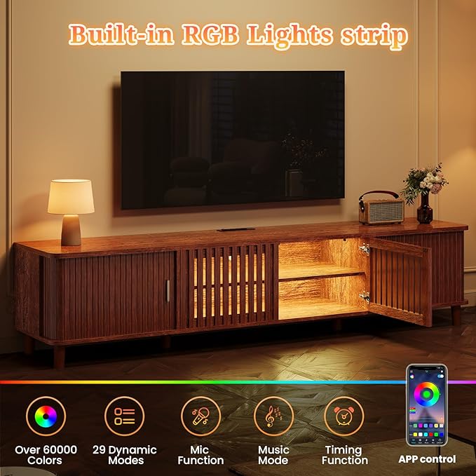 UPOSOJA TV Stand with Fluted Sliding Doors & Adjustable Shelves, Charging - Image 3