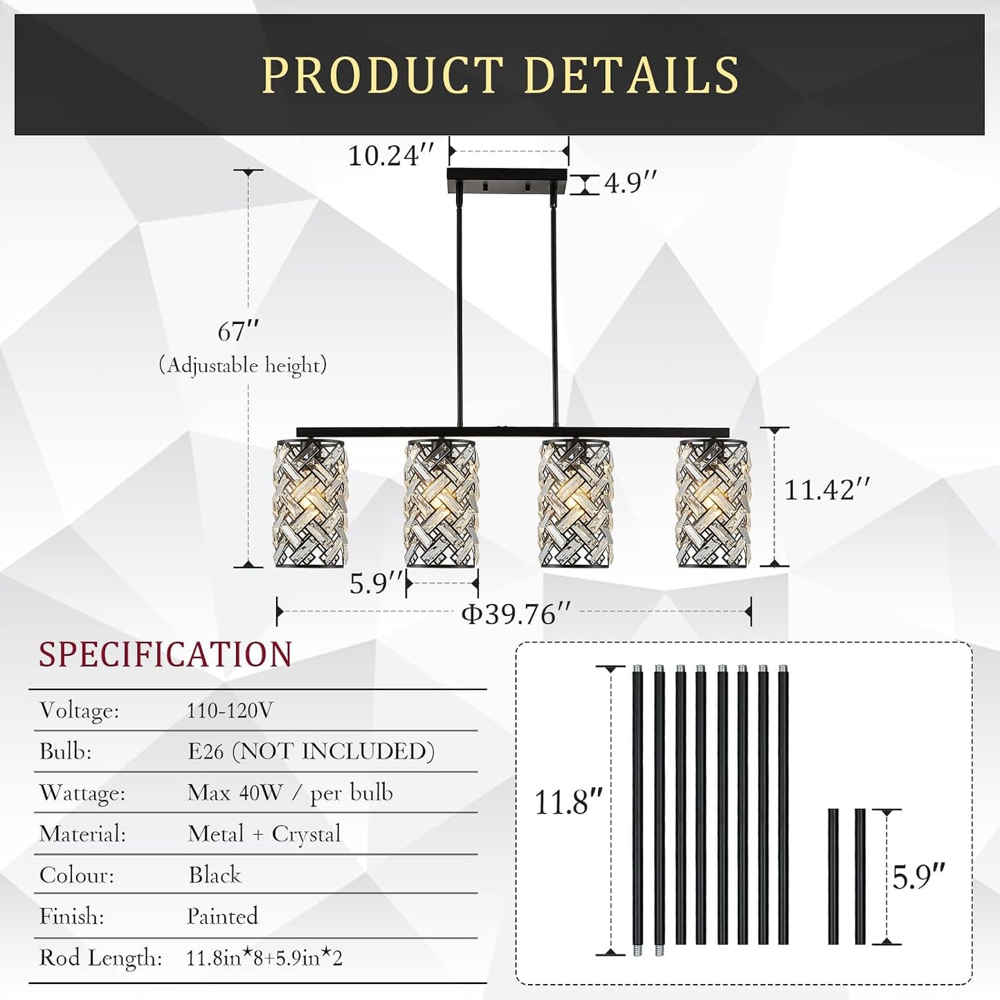 CATINER 40" Black Crystal Linear Chandelier, 4-Light Kitchen Island Pendant | 40-inch black crystal linear chandelier with adjustable height, 4 E26 lights, dimmable for kitchen islands and dining rooms