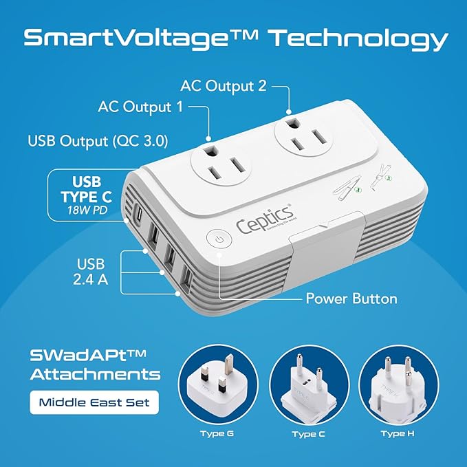 Ceptics Egypt, Jordan Voltage Converter, Convert 220V to 110V - Image 9