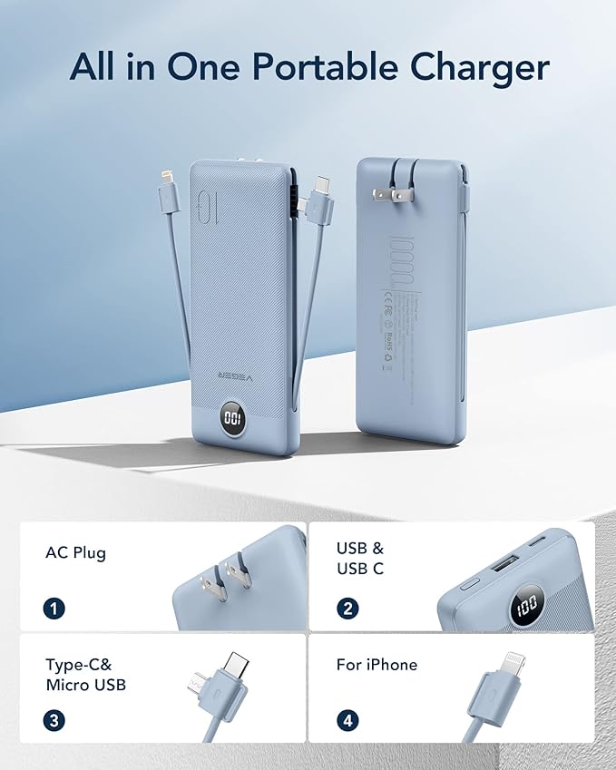 VEGER Portable Charger for iPhone Built in Cables and Wall Plug, 10000mah Slim - Image 2