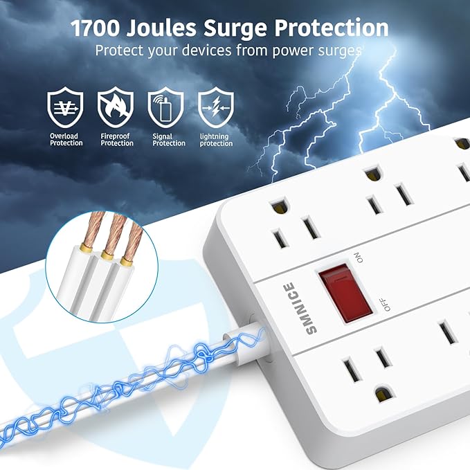 Power Strip Surge Protector, SMNICE Flat Plug Long Extension Cord 10 Ft - Image 5