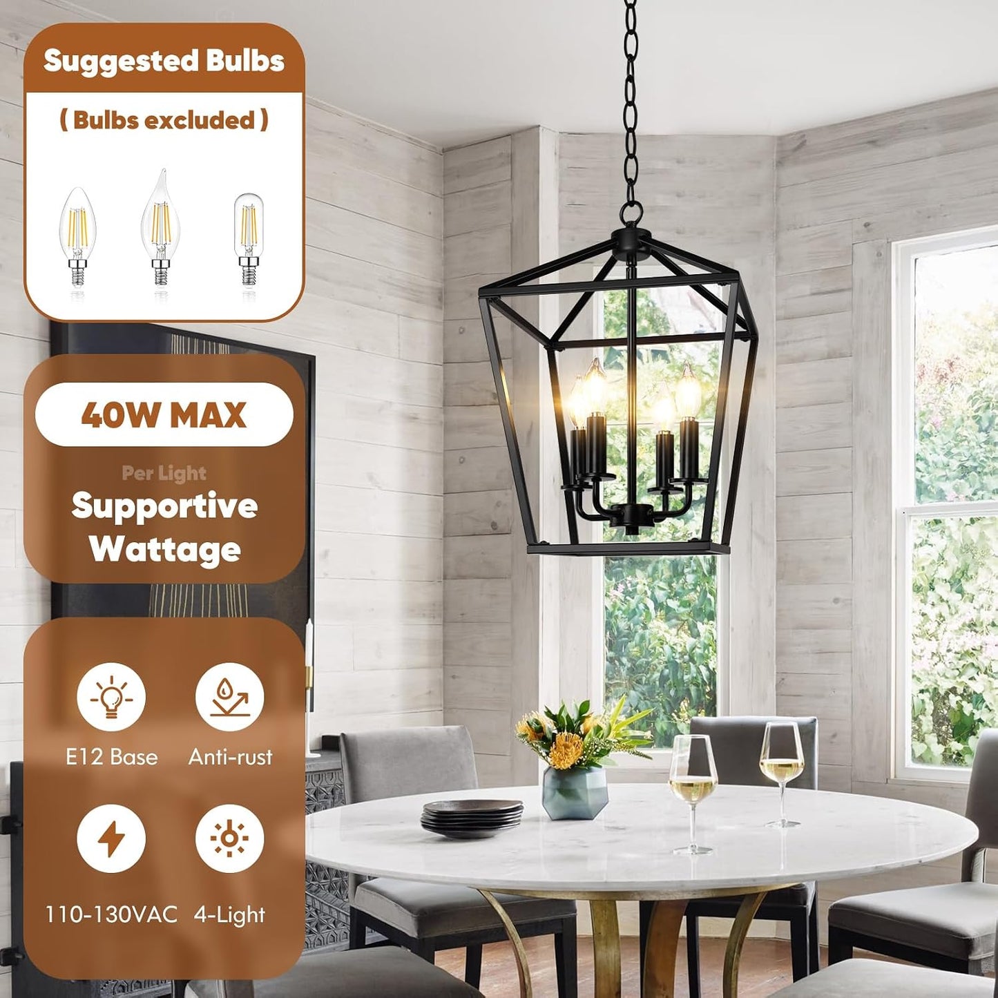 Black Farmhouse Chandelier, 4-Light Foyer Lighting Fixtures for Dining Room | Industrial Kitchen Lantern chandelier Over Table, Pendant Island Ceiling Light for Entryway, Metal Cage Adjustable Height