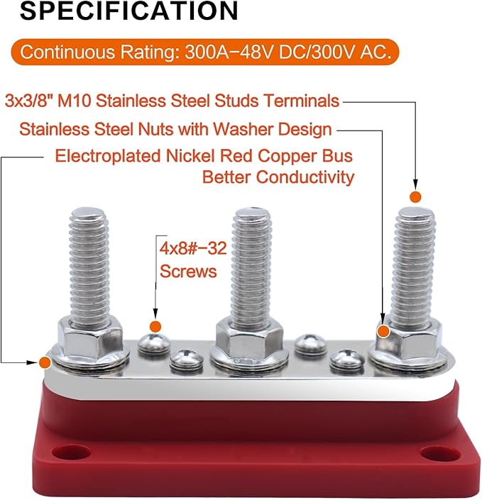 AMOMD 300A Bus Bar 3 Terminal Studs M10 4x8#-32 Screws Nickel Plated Copper - Image 2