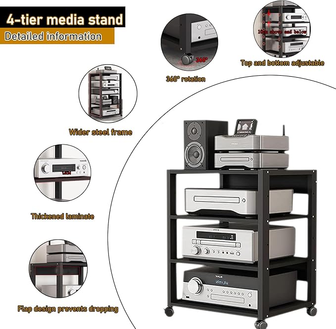 Dernoing 4 Tier Audio Rack Tower, CD Record Player Stereo Receiver AV Equipment - Image 3