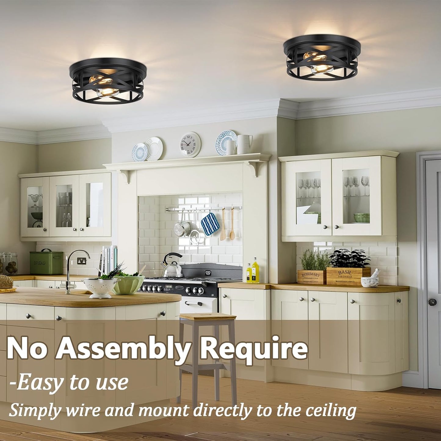2-Light Flush Mount Ceiling Light Fixtures, 2-Pack | Farmhouse Black Ceiling Lights, Industrial Metal Cage Light Fixtures with Adjustable Head for Bedroom Hallway Kitchen