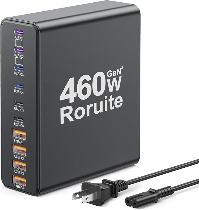 460W USB C Charger Block, 10-Port Charging Station GaN Fast Charger Block Type by Roruite