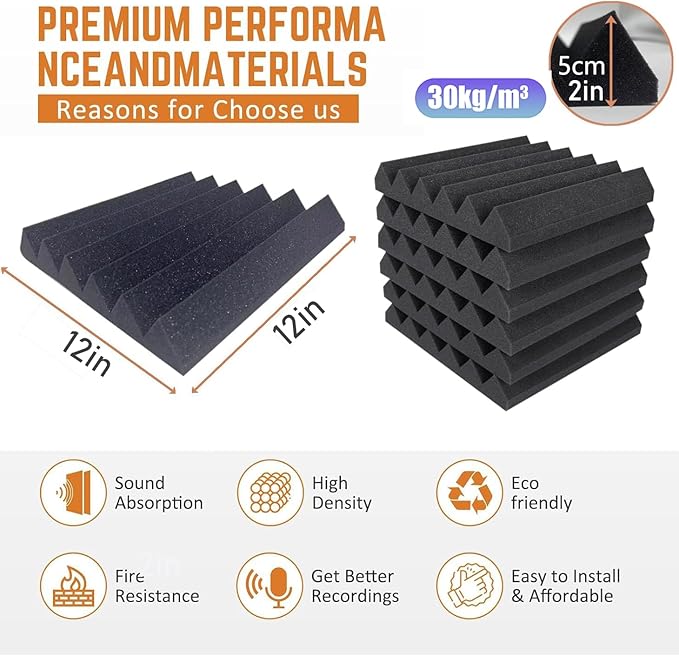 Acoustic Foam Panels 12 Pack 2" x 12"x 12" Saiqiang Soundproofing - Image 3
