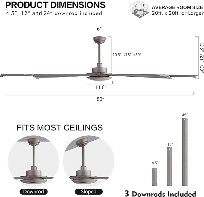 WINGBO 80 Inch Industrial Ceiling Fan without Light, 8 Aluminum Blades Ceiling - Image 4
