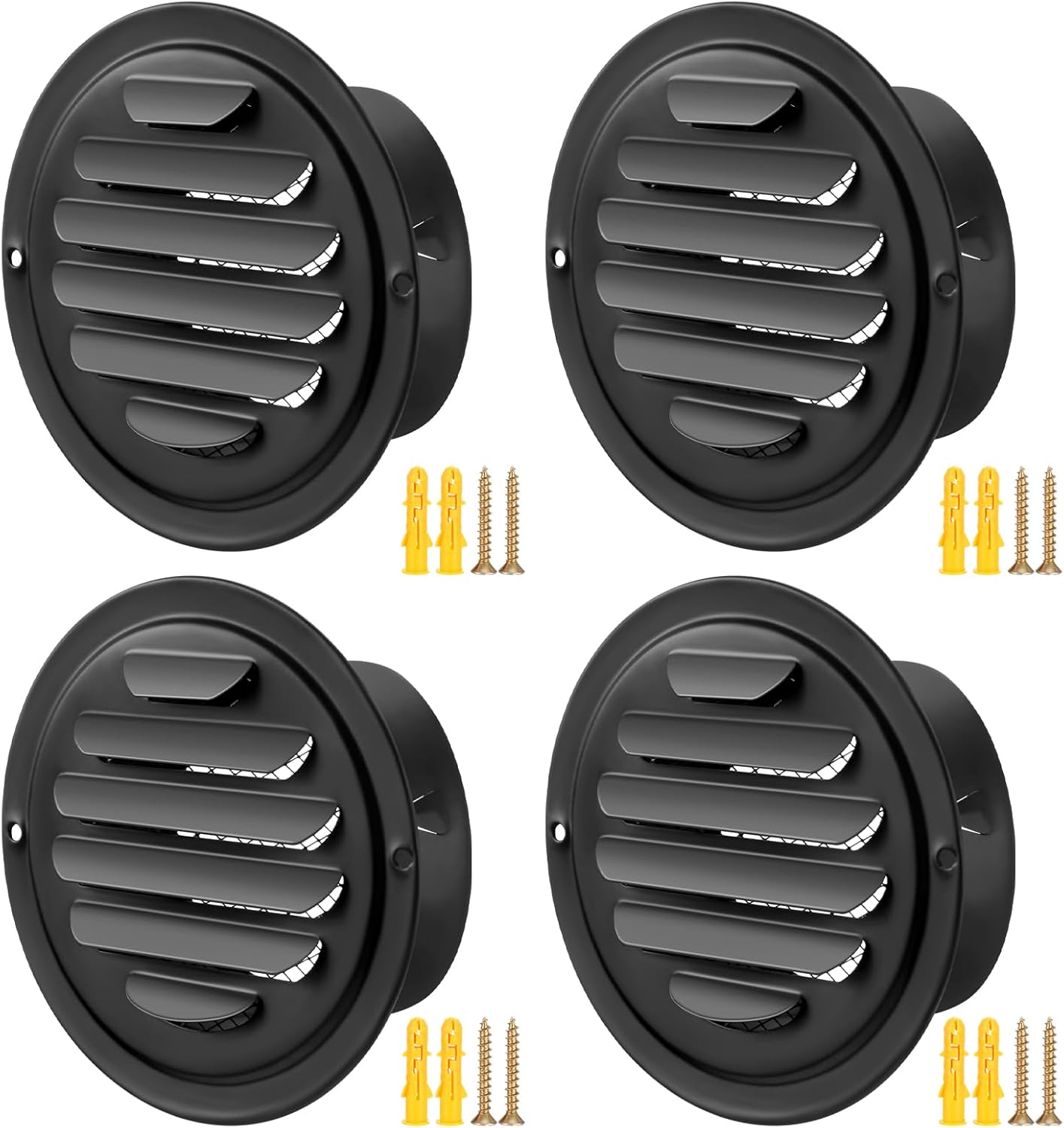 Gisafai 4 Pcs Round Soffit Vent Cover 4 Inch Stainless Steel Louvered Grille Metal Air Vent Covers with Built in Fly Screen Mesh for HVAC Ventilation House Flat Garage Exterior (Black)