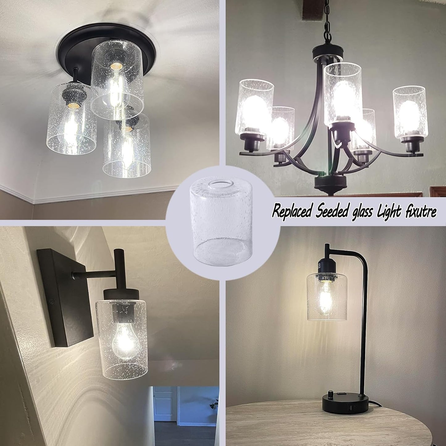 3 Pack Seeded Glass Lamp Shade Replacement, 5.7 in Height, 4.72 in Diameter, 1.7inch Fitter Opening, Bubble Seeded Glass Replacement for Wall sconces, Chandeliers and Bathroom Vanity Lights.