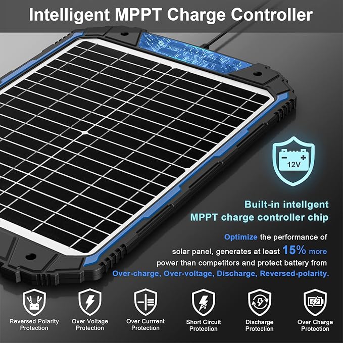 SUNER POWER 20W 12V Solar Battery Trickle Charger & Maintainer PRO, Built-in - Image 2