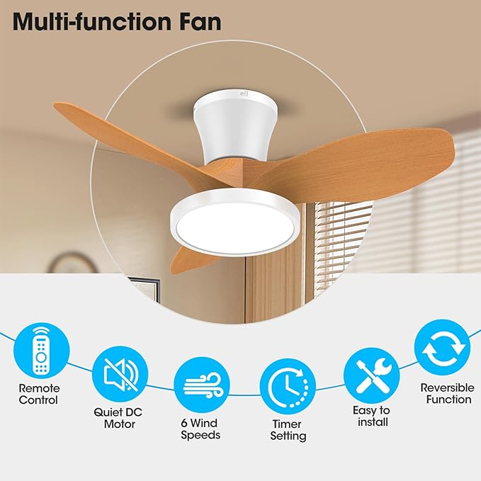 ocioc Quiet Ceiling Fan with LED Light DC motor 32 inch Large Air Volume Remote - Image 3