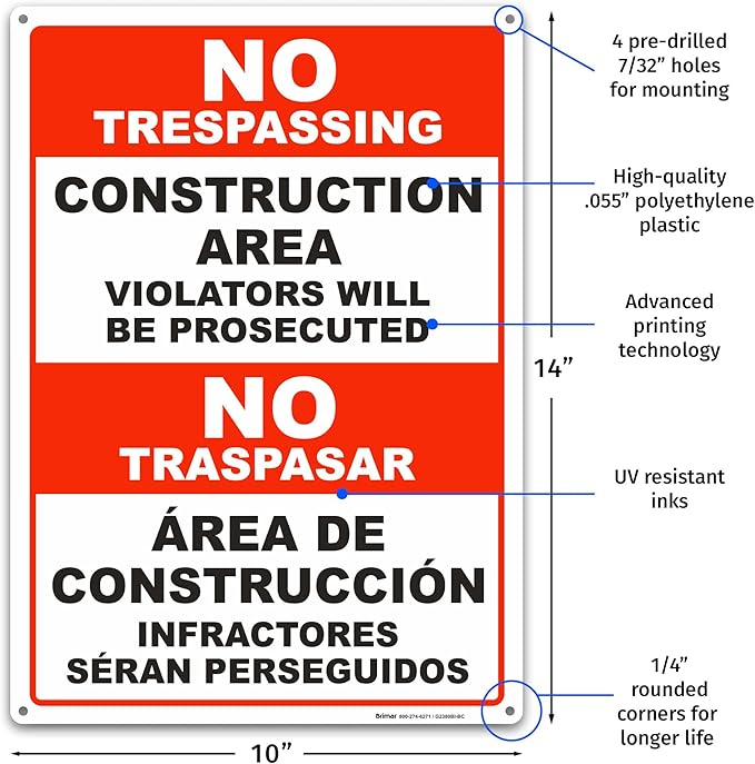 Brimar - 10" x 14" - Bilingual Construction Area Violators Will Be Prosecuted - Image 2