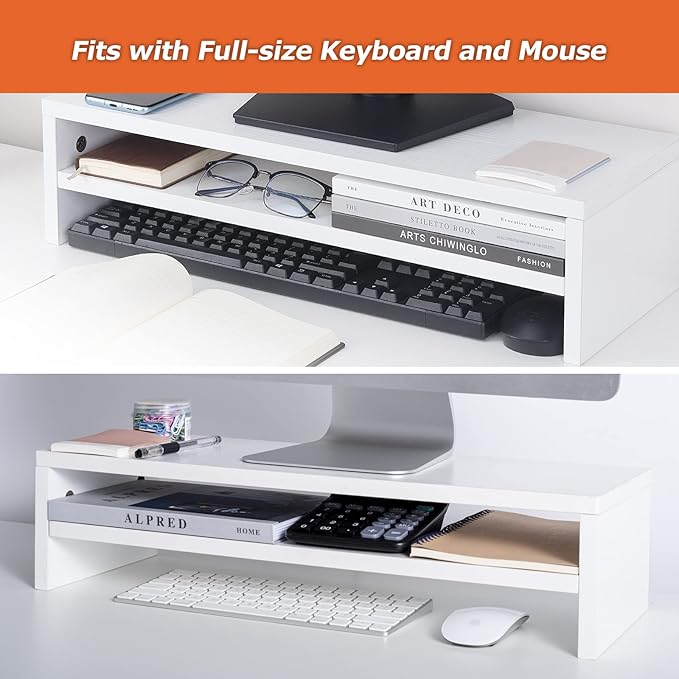 BEYGORM Monitor Stand Riser White, 21.6 inch 2 Tiers Wood Desk Shelf Computer - Image 4