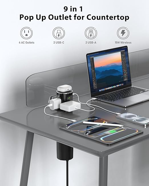 Motorized Pop Up Outlet, 2 PD 45W USB C Charging Station, 3.15 in Hole Desktop - Image 5