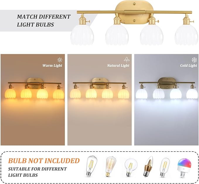 Shenmoyl Bathroom Light Fixtures, 4-Light Brass Vanity Wall Light Over Mirror - Image 4