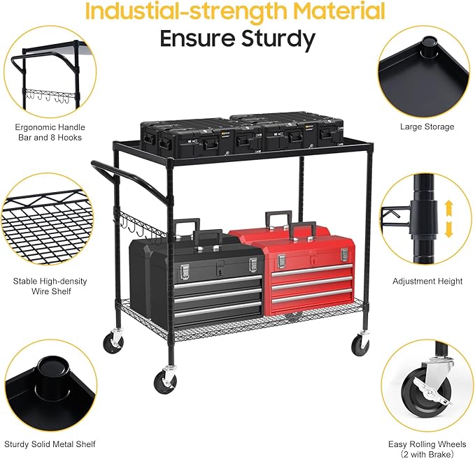 WDT 2-Tier Utility Cart with Wheels, Metal Cart with 1000LBS Capacity, NSF - Image 3